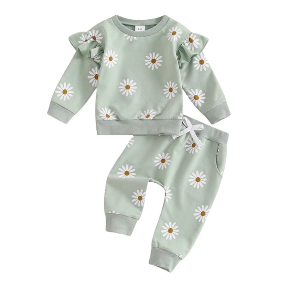 CPNG Toddler Infant Baby Girls and Boys Sportswear Outfits Flower Print Ruffled Long Sleeve Pullover Sweatshirt and Matching Pants 2 Piece Set