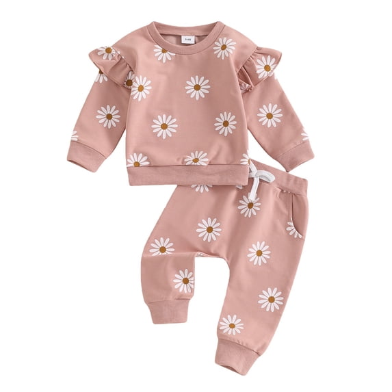 CPNG Toddler Infant Baby Girls and Boys Sportswear Outfits Flower Print Ruffled Long Sleeve Pullover Sweatshirt and Matching Pants 2 Piece Set