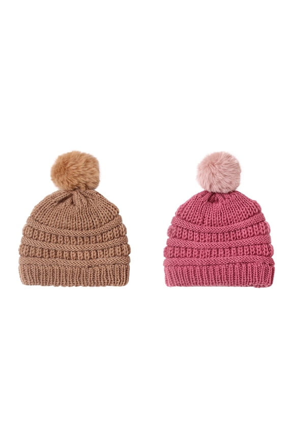 Toddler Kids Winter Warm Fleece Lined Beanie Hats with Pom Pom for Boys and Girls Crochet Hairball Knit Cap (Coffee+Watermelon Red)