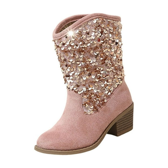CPNG Toddler Little Girls Boots Sparkly Girls Cowboy Boots Dress Boot Pointed Toes Low Heel Mid Calf Zipper Birthday Toddler to Big Kid for All Seasons
