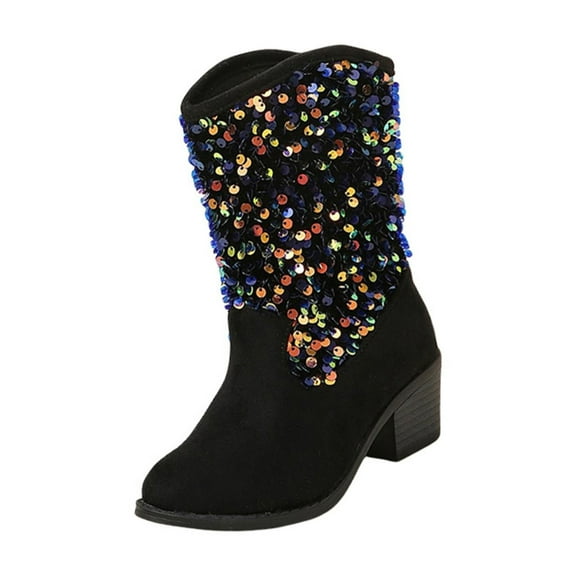 CPNG Toddler Little Girls Boots Sparkly Girls Cowboy Boots Dress Boot Pointed Toes Low Heel Mid Calf Zipper Birthday Toddler to Big Kid for All Seasons