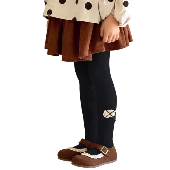 CPNG Toddler Little Girls Cotton Tights Footed Knee High Socks Thick Winter Cable Knit Legging Bows Pantyhose Stocking Full Length Pants Stretchy Stockings