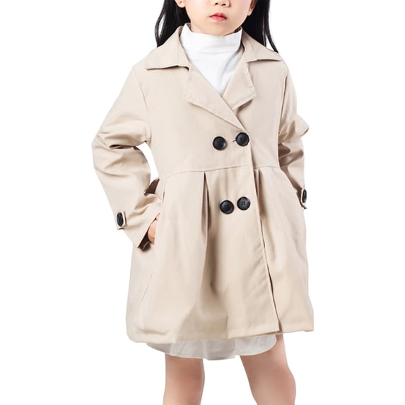 CPNG Toddler Little Girls Double Breasted Trench Coat Dress Coats Lapel Long Trench Coats Outerwear with Pockets(Khaki,5-6 Years)