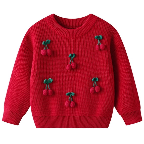 CPNG Toddler Newborn Baby Girls Knitted Sweaters Round Neck Long Sleeve Pullover Top with 3D Cherry Decor Autumn Winter Soft Warm Casual Sweaters