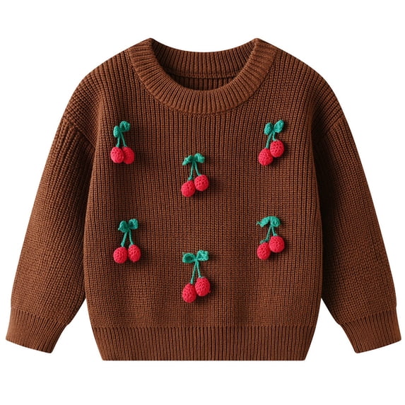 CPNG Toddler Newborn Baby Girls Knitted Sweaters Round Neck Long Sleeve Pullover Top with 3D Cherry Decor Autumn Winter Soft Warm Casual Sweaters