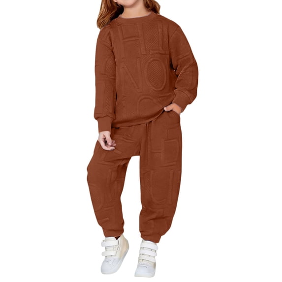 CPNG Toddler Teens Kids Girls Boys Sweatsuit 2 Piece Set Solid Color Sweatsuits Pullover Sweatshirts and Jogger Sweatpants Sweat Set(Coffee,11-12 Years)