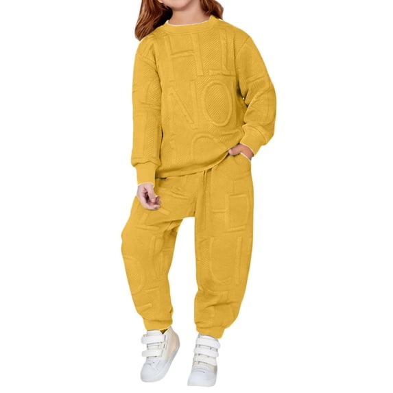 CPNG Toddler Teens Kids Girls Boys Sweatsuit 2 Piece Set Solid Color Sweatsuits Pullover Sweatshirts and Jogger Sweatpants Sweat Set(Yellow,12-18 Months)