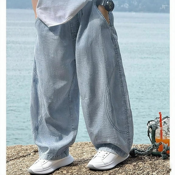 CPNG Tween Boys Baggy Jeans Retro Patchwork Pants Unisex High Street Loose Straight Trousers Elastic Waistband Wide Leg Denim Pants with Pockets Y2K Streetwear Jeans