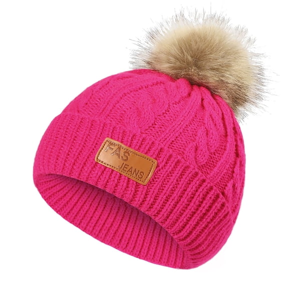 CPNG Winter Double Pom Pom Beanie Hats Detachable Fur Ball Cute Cap Warm Soft Cable Knit Hat with Ears for Girls (Hot Pink)