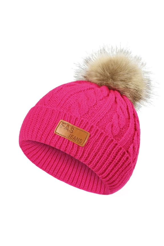 Winter Double Pom Pom Beanie Hats Detachable Fur Ball Cute Cap Warm Soft Cable Knit Hat with Ears for Girls (Hot Pink)