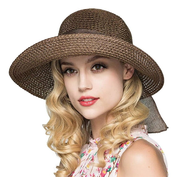 CPNG Women Bowknot Straw Sun Hats Wide Brim Ribbons Roll Up Bucket UPF 50+ Foldable Floppy Sun Hat with Strap Protection Summer Beach Hat