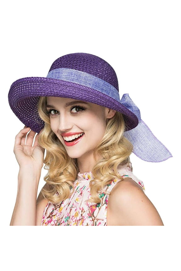 Women Bowknot Straw Sun Hats Wide Brim Ribbons Roll Up Bucket UPF 50+ Foldable Floppy Sun Hat with Strap Protection Summer Beach Hat