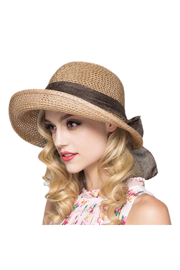 Women Bowknot Straw Sun Hats Wide Brim Ribbons Roll Up Bucket UPF 50+ Foldable Floppy Sun Hat with Strap Protection Summer Beach Hat