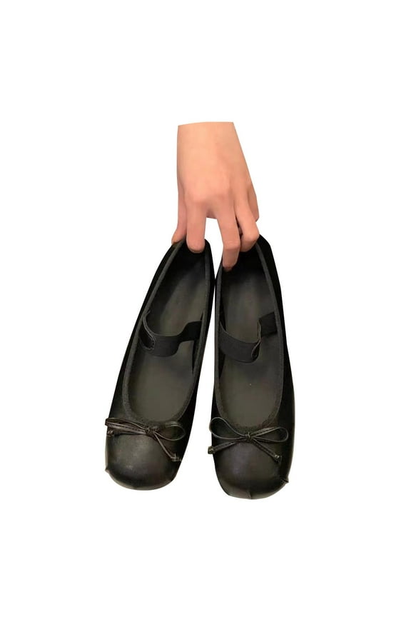 Women Casual Elastic Straps Mary Janes Square Toe Shoes Ankle Strap Ballet Casual Slip On Flats Lolita Cute Bowknot Dress Shoes Comfortable Ballet Flats