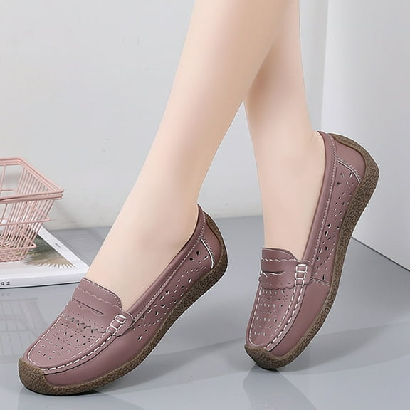 CPNG Women Leather Penny Loafers Driving Round Toe Boat Shoes Casual Comfort Non Slip Breathable Hollow Out Slip On Loafers Walking Driving Fashion Flat Shoes