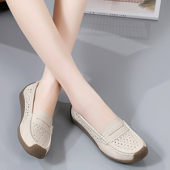 CPNG Women Leather Penny Loafers Driving Round Toe Boat Shoes Casual Comfort Non Slip Breathable Hollow Out Slip On Loafers Walking Driving Fashion Flat Shoes