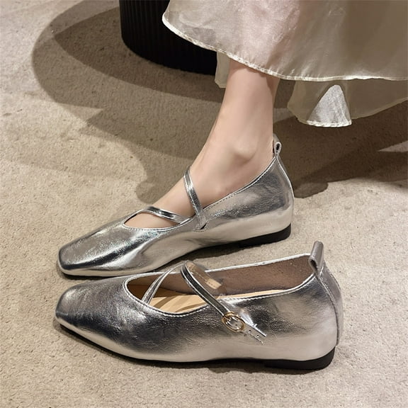 CPNG Women's Genuine Leather Soft Retro Square Toe Low Heel Mary Jane Shoes with Adjustable Strap Cross Buckle Handmade Mary Janes Flats Dress Shoes