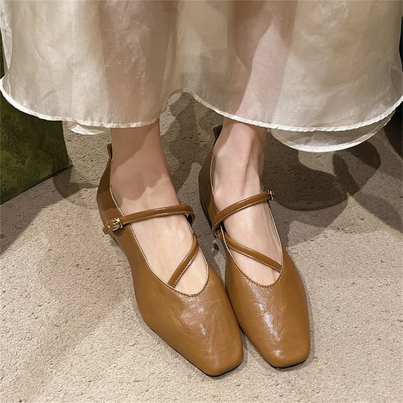 CPNG Women's Genuine Leather Soft Retro Square Toe Low Heel Mary Jane Shoes with Adjustable Strap Cross Buckle Handmade Mary Janes Flats Dress Shoes