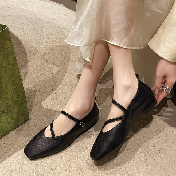 CPNG Women's Genuine Leather Soft Retro Square Toe Low Heel Mary Jane Shoes with Adjustable Strap Cross Buckle Handmade Mary Janes Flats Dress Shoes