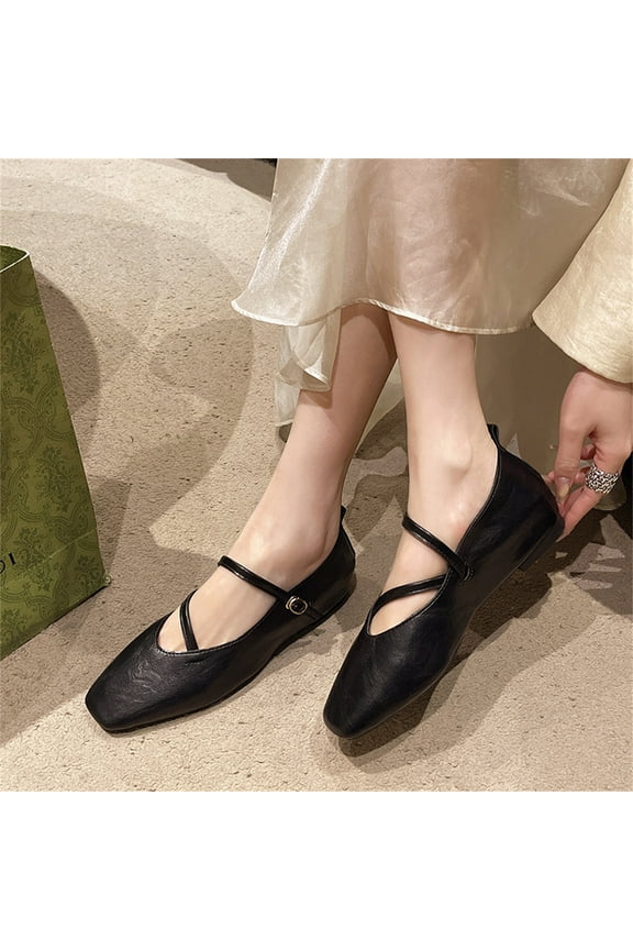 Women's Genuine Leather Soft Retro Square Toe Low Heel Mary Jane Shoes with Adjustable Strap Cross Buckle Handmade Mary Janes Flats Dress Shoes
