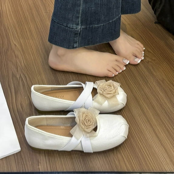CPNG Women's Low Heel Ballet Flats Shoes Suede Cross Strap Flower Comfortable Slip on Round Toe Flat Casual Mary Jane Wedding Party Dress Shoes Dressy Shoes
