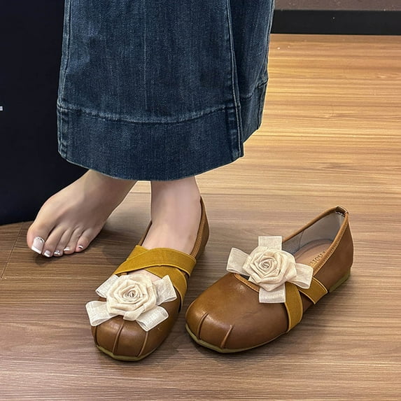 CPNG Women's Low Heel Ballet Flats Shoes Suede Cross Strap Flower Comfortable Slip on Round Toe Flat Casual Mary Jane Wedding Party Dress Shoes Dressy Shoes