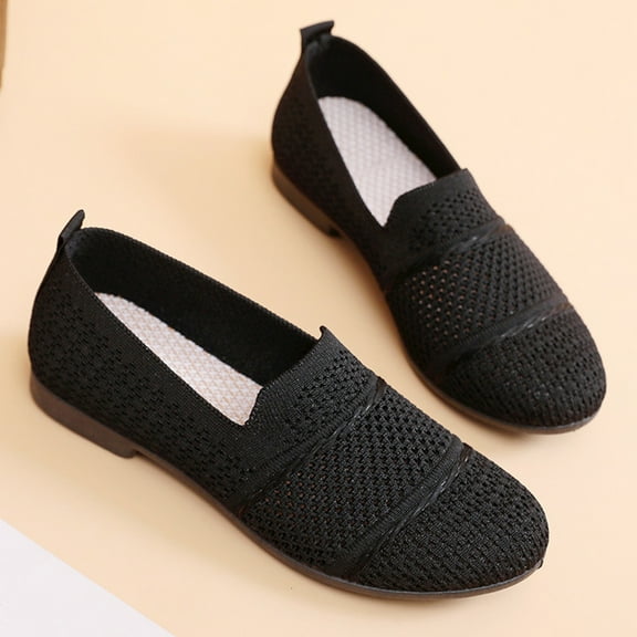 CPNG Women's Low Heel Breathable Knitted Flat Shoes Lightweight Work Shoes Soft Sole Slip On Loafers Casual Comfortable Wide Width Orthopedic Walking Sneakers