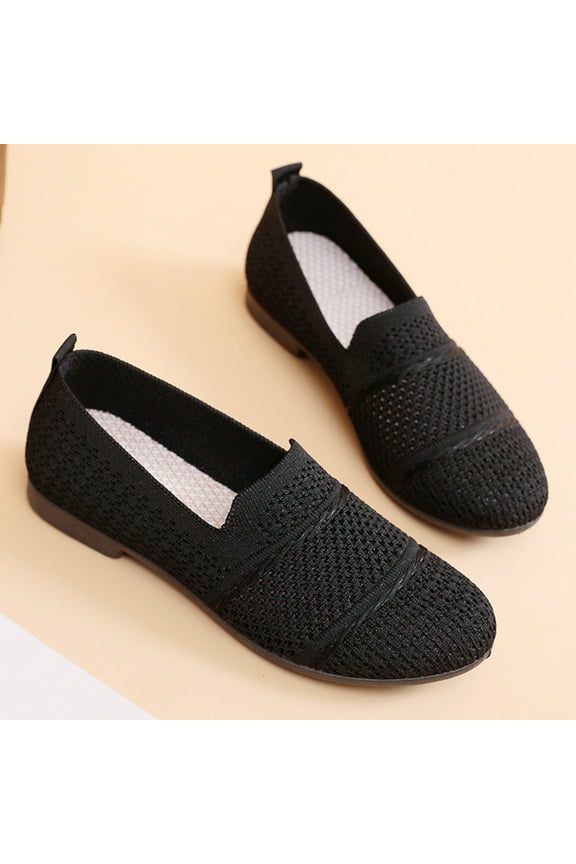 Women's Low Heel Breathable Knitted Flat Shoes Lightweight Work Shoes Soft Sole Slip On Loafers Casual Comfortable Wide Width Orthopedic Walking Sneakers