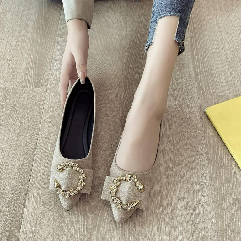CPNG Women's Pearl Rhinestone Flats Dress Pumps Pointed Toe Soft
