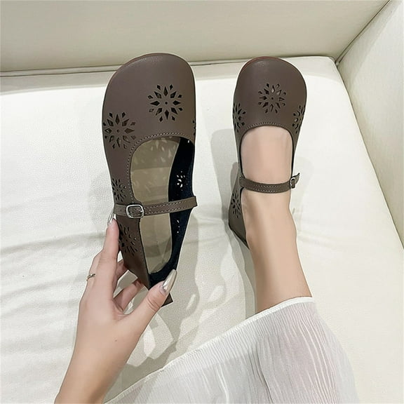 CPNG Women's Single Shoes Summer Retro Soft Leather Flat Casual Shallow Mouth Hollow Buckle Outer Wear Hole Shoes