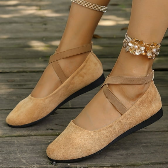 CPNG Women's Solid Color Shoes Comfortable Fashion Elastic Ankle Straps Flats Shoes with Elastic Ankle Straps Dressy Ballerina Style Closed Toe Casual Flat