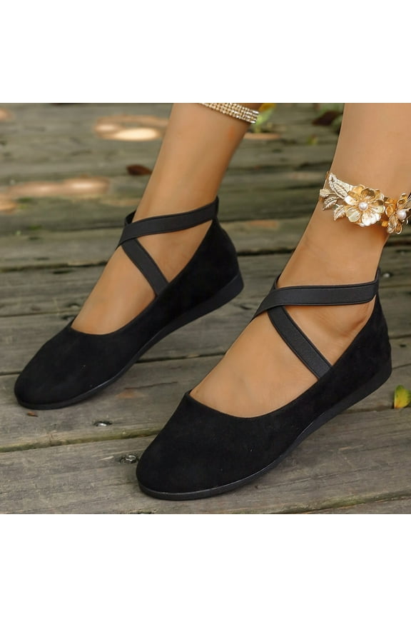 Women's Solid Color Shoes Comfortable Fashion Elastic Ankle Straps Flats Shoes with Elastic Ankle Straps Dressy Ballerina Style Closed Toe Casual Flat