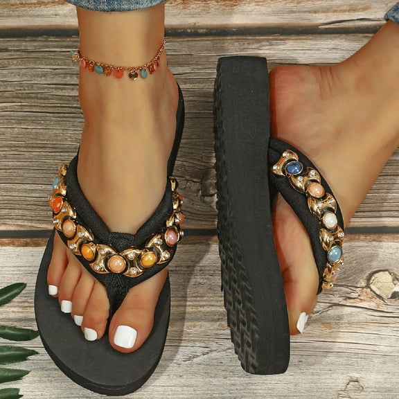 CPNG Women's Wedge Flip Flops Rhinestone Sandals with Comfortable Arch Support Lightweight Walking Thong Sandals Casual Summer Indoor Outdoor Beach Slides Cute Slippers