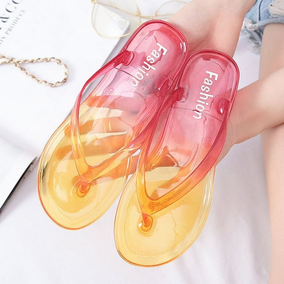 CPNG Womens Rainbow Sequins Sandals Jelly Flip Flops Summer Trendy Thong Straps Clip Toe Flat Slippers Color Gradient Slides Lightweight Swimming Beach Shoes Holiday Slides
