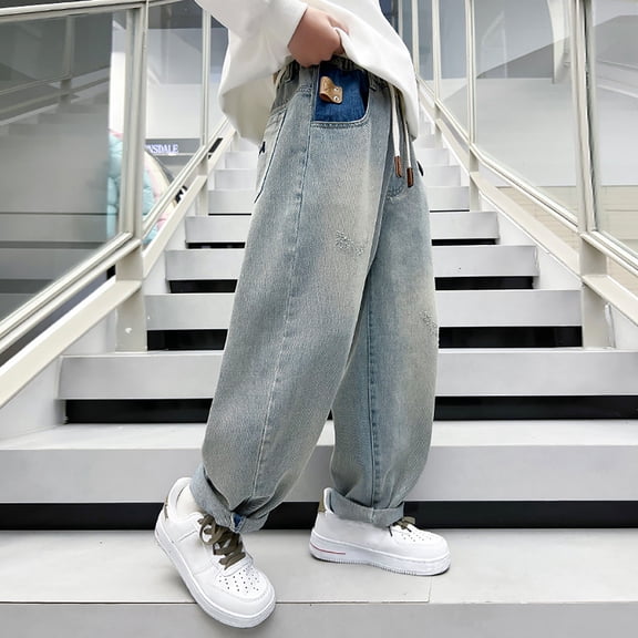 CPNG Youth Kids Boys Full Length Wide Leg Drawstring Jeans Baggy Straight Elastic Mid Waist Washed Denim Pants Cool Loose Trousers Y2k Streetwear