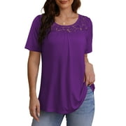 CPOKRTWSO Plus Size Tops Womens Clothes Short Sleeve Lace Flowy Shirts Tunic Blouses (M-4X)