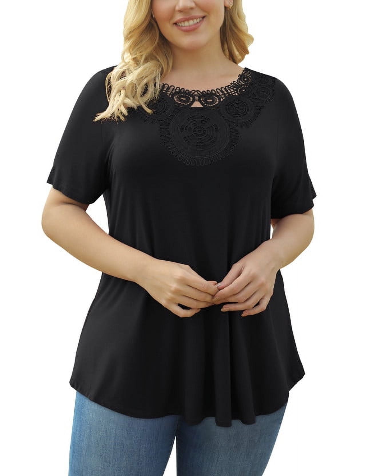 CPOKRTWSO Women's Plus Size Tops Lace patchwork collar Design Short Sleeve Lady Tunic Shirts (M-4XL)