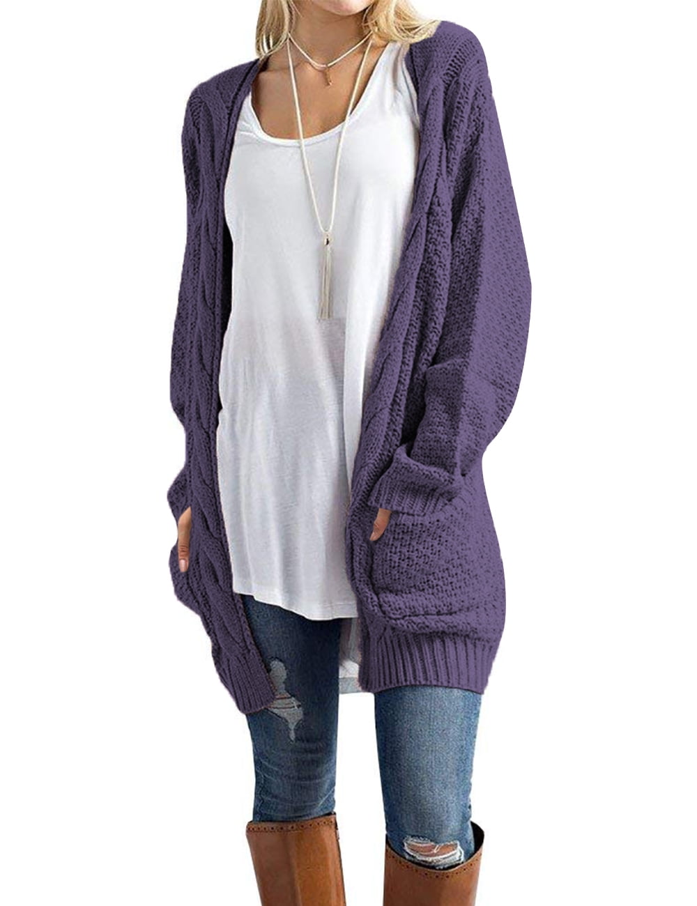 KIRUNDO Womens Cardigan Chunky Fall Fashion Lantern Sleeve Open Front Striped Color Block Cable Knit Winter Sweater Coats - Product Details