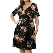 CPOKRTWSO Women's Plus Size Dresses Floral Printed Sexy V-Neck Short Sleeve Knee Length Casual Dress with Pockets (L-4X)