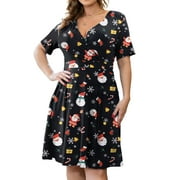 CPOKRTWSO Women's Plus Size Dresses Floral Printed Sexy V-Neck Short Sleeve Knee Length Casual Dress with Pockets (L-4X)