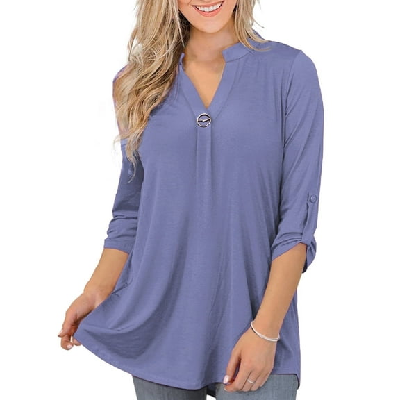 VERABENDI Women's Plus Size Tops 3/4 Sleeve Shirts Dressy Casual Metal Buckle V-Neck Tunic Blouses,M-4XL