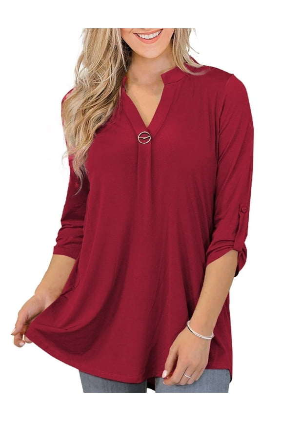 Women's Plus Size Tops 3/4 Sleeve Shirts Dressy Casual Metal Buckle V-Neck Tunic Blouses,M-4XL