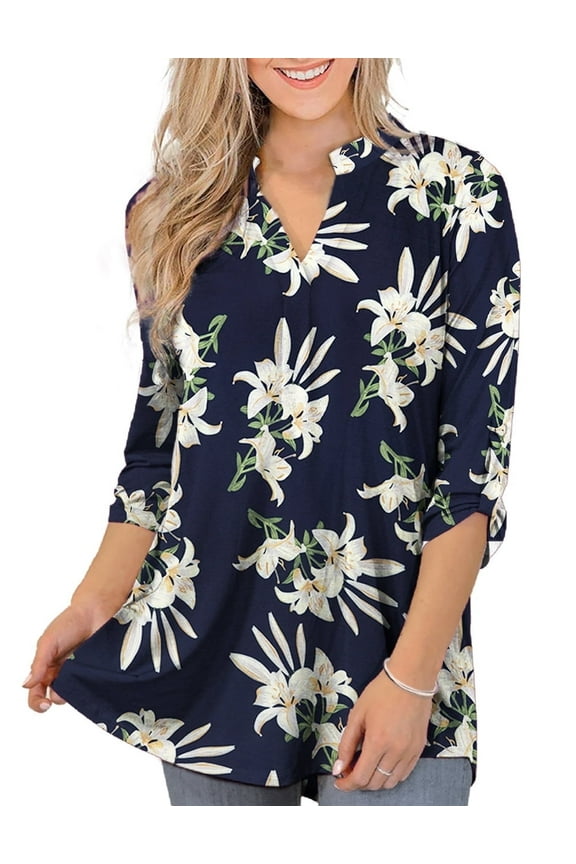 Women's Plus Size Tops 3/4 Sleeve Shirts Dressy Casual Metal Buckle V-Neck Tunic Blouses,M-4XL