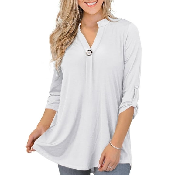 VERABENDI Women's Plus Size Tops 3/4 Sleeve Shirts Dressy Casual Metal Buckle V-Neck Tunic Blouses,M-4XL