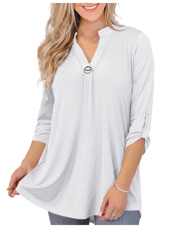 Women's Plus Size Tops 3/4 Sleeve Shirts Dressy Casual Metal Buckle V-Neck Tunic Blouses,M-4XL