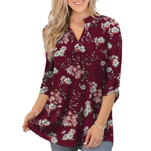 VERABENDI Women's Plus Size Tops 3/4 Sleeve Shirts Dressy Casual Metal Buckle V-Neck Tunic Blouses,M-4XL