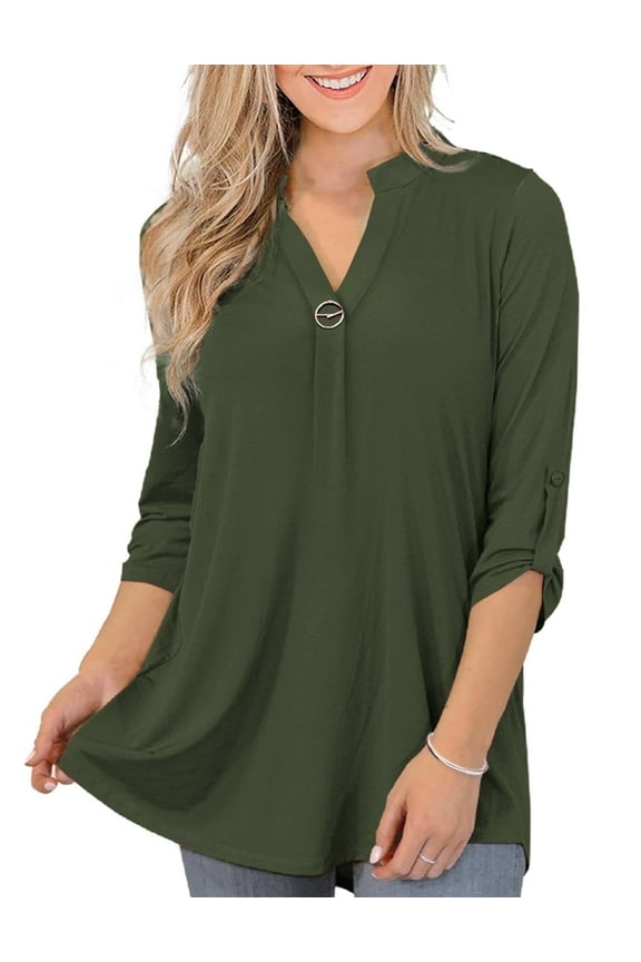 Women's Plus Size Tops 3/4 Sleeve Shirts Dressy Casual Metal Buckle V-Neck Tunic Blouses,M-4XL