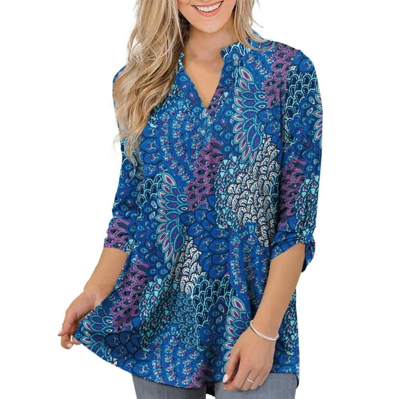 VERABENDI Women's Plus Size Tops 3/4 Sleeve Shirts Dressy Casual Metal Buckle V-Neck Tunic Blouses,M-4XL