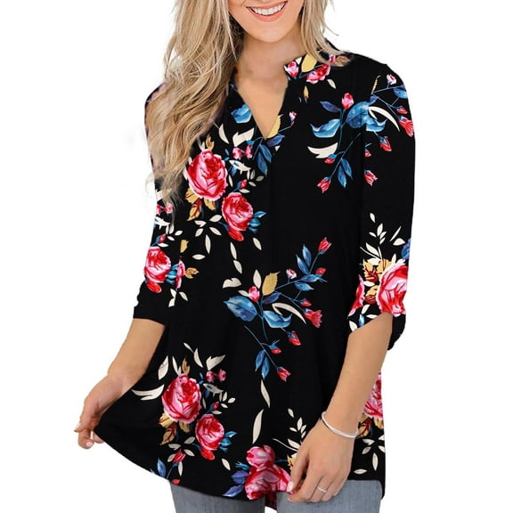 VERABENDI Women's Plus Size Tops 3/4 Sleeve Shirts Dressy Casual Metal Buckle V-Neck Tunic Blouses,M-4XL