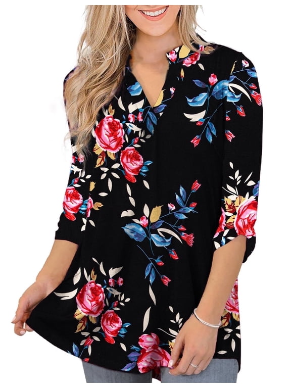 Women's Plus Size Tops 3/4 Sleeve Shirts Dressy Casual Metal Buckle V-Neck Tunic Blouses,M-4XL